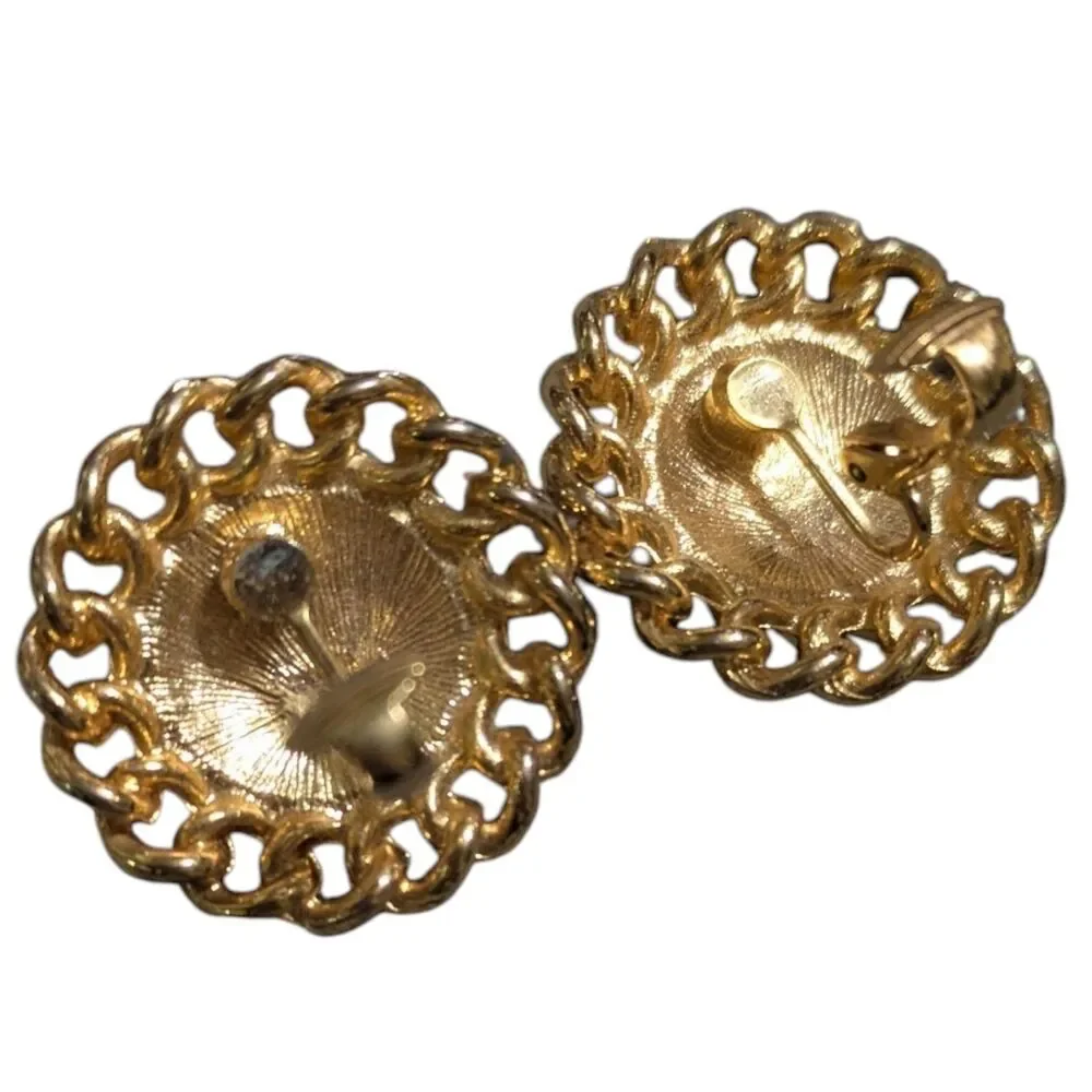 Vintage Gold Tone Swirl Cabochon Clip-On Earrings, Retro Round Statement Jewelry